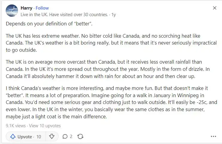تجربه زندگی در کانادا و انگلیس از نظر آب و هوا