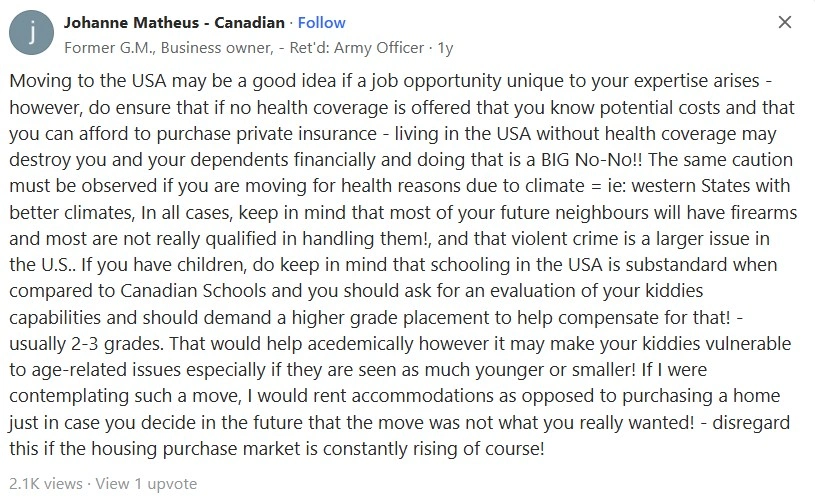 نظر شهروند کانادایی درباره مهاجرت از کانادا به امریکا