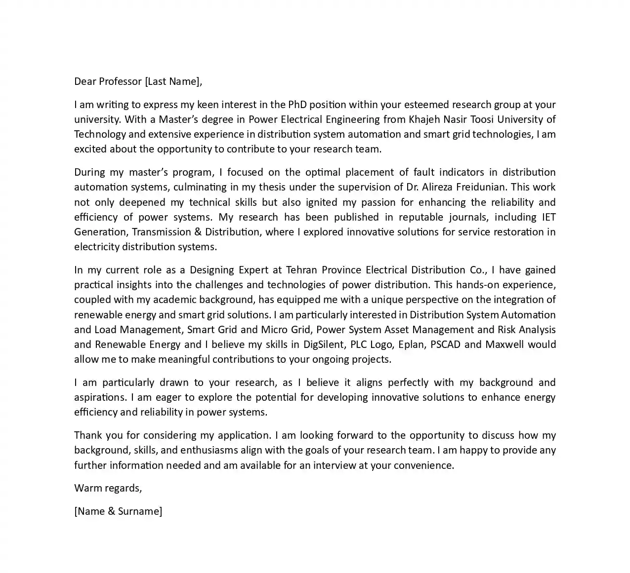 نمونه کاور لتر برای پذیرش تحصیلی